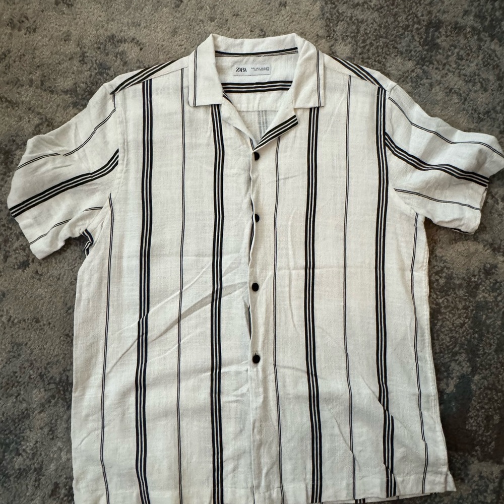 Zara Striped Camp Collar Linen Blend Shirt Mens Large Black & Cream Resort